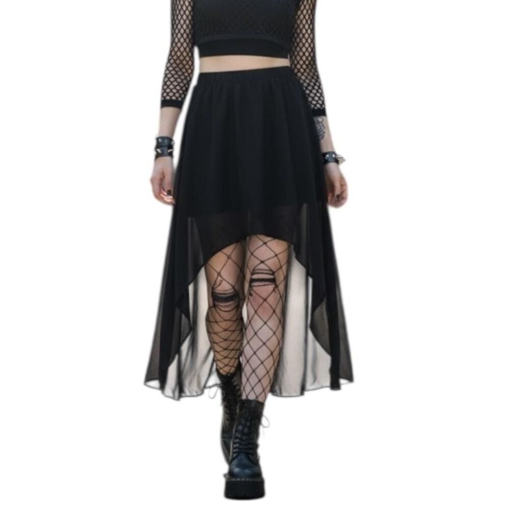 Kira Skirt Womens XS Black Chiffon High Low Sheer Overlay Gothic Maxi Flare